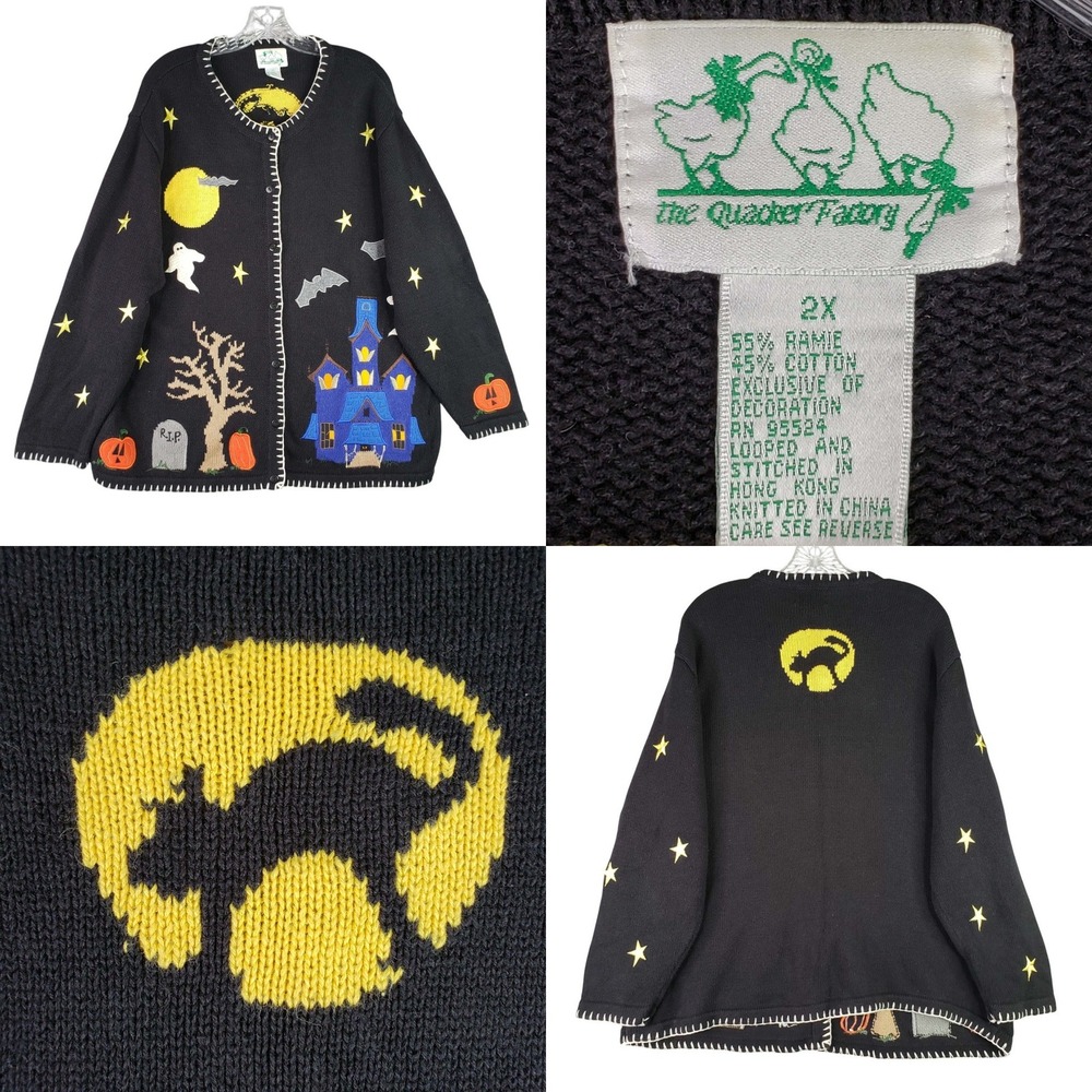 Quacker Factory Cardigan Sweater Womens 2X Black Halloween Haunted House Cat